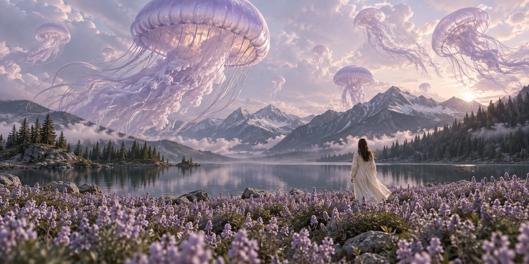 A figure in a lavender meadow watches luminous jellyfish float over a still alpine lake